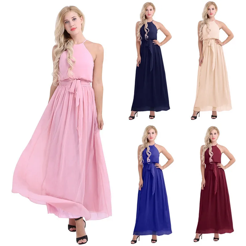 Vestido de Dama de Honra Festa de Casamento sem Mangas Vestido de Baile de Formatura Vestido de Comprimento Mulheres Senhoras Elegante Chiffon Longo Halter Completo 1 Casamentos e Eventos