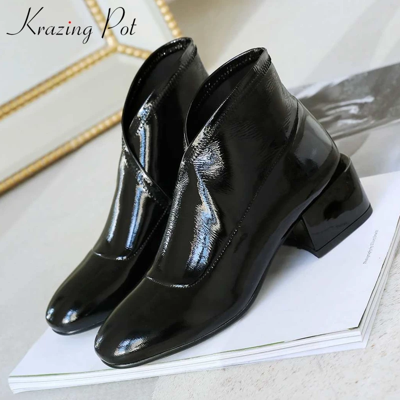 

Krazing Pot 2019 spring genuine leather round toe thick med heel keep warm slip on high quality concise design ankle boots L53