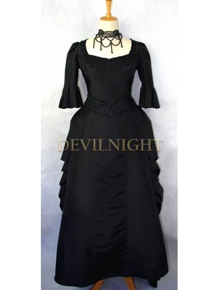 Черное викторианское платье с высокой посадкой, длинное викторианское платье в готическом стиле