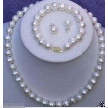 

Free shipping New style Natural noble jewelry>>>>10-11mm White Freshwater Cultured Pearl Necklace Bracelet Earring Set