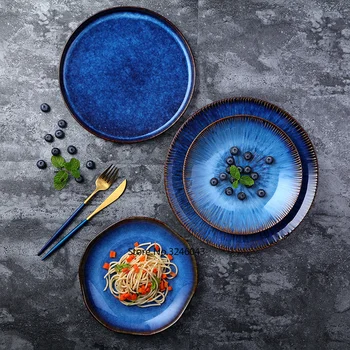 

European Western Steak Plate Vintage Ceramic Household Large Pizza Plates Flat Plate Dim Sum Creative Irregular Dinner Plate