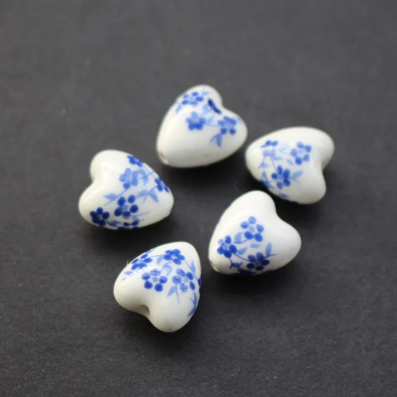 

23Pieces 11.6mm*12mm*8.6mm Heart Shape Ceramic Beads Flower beads Blue Blossom A for jewelry making 3704