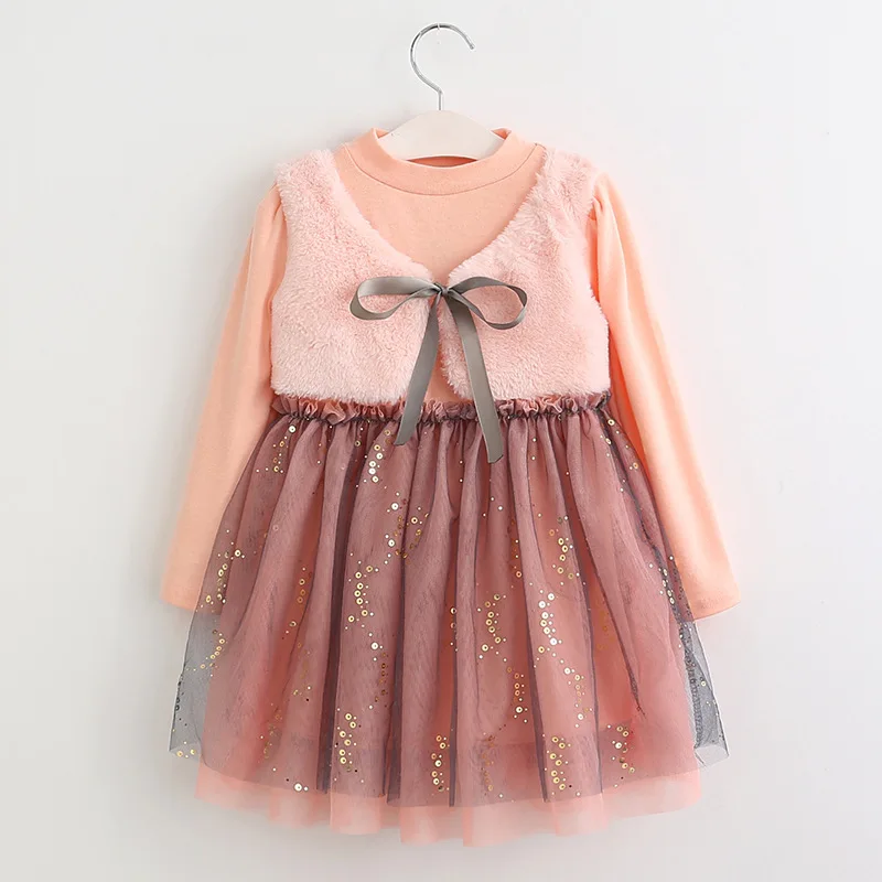 Girls Dress New Autumn Casual Style Cartoon Pink Long Sleeve Wool Bow Design For Princess Clothes | Детская одежда и обувь