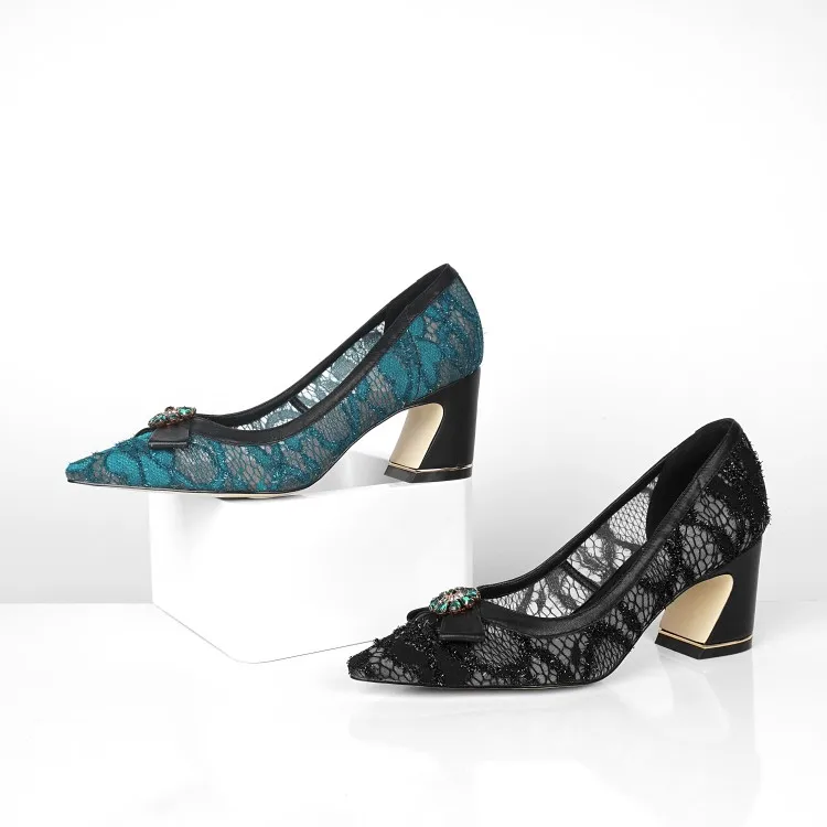MLJUESE/ г. Женские туфли-лодочки Демисезонные женские туфли из коровьей кожи и сетчатого материала на высоком каблуке-шпильке синего цвета, украшенные кристаллами вечерние туфли, размер 34-43