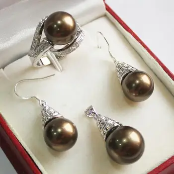 

wholesale good lady's plated 12mm brown shell pearl pendant, earrings and ring(7-9#) jewelry sets for valentine's day 5.3