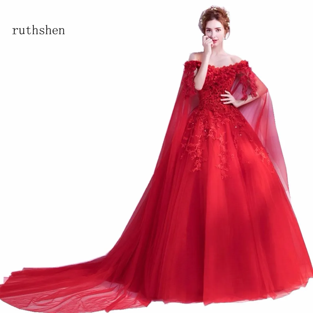 

ruthshen Hot Fashion Red In Stock Prom Evening Dresses With Long Sleeves Sequins Appliques Luxury Robe De Soiree Evening Gowns