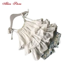 Коллекция года, летняя детская одежда в Корейском стиле костюм для девочек шифоновый многослойный топ на бретельках+ штаны, 2 предмета, топ на бретельках с жемчужинами и цветами, джинсовые шорты Детский комплект