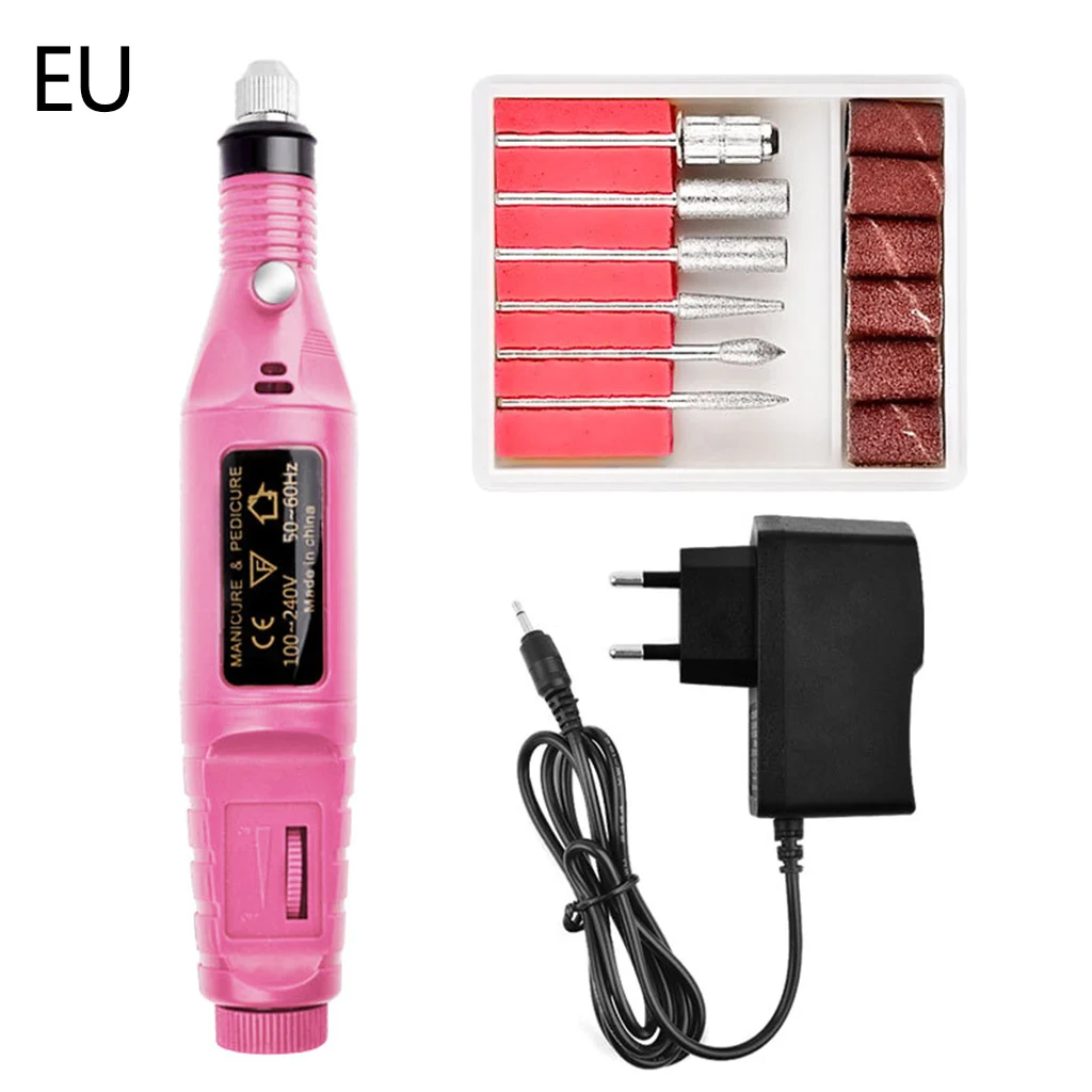 EU Type-Pink Электрический набор для маникюра, педикюра, уход за ногтями, дрель, набор для ухода за ногтями, наконечник для салона Великобритании, США, вилка с 6 шлифовальными головками+ 6 сверл - Цвет: EU Type-Pink
