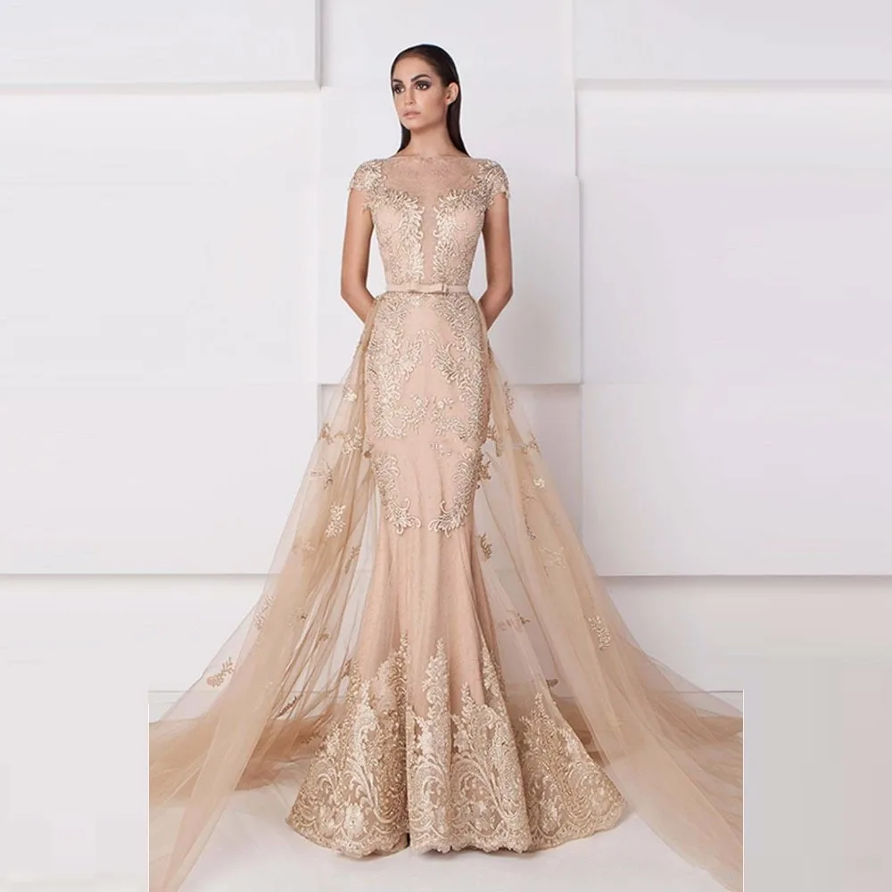 

Stunning Mermaid Evening Gown With Detachable Train Sleeve Lace Applique Prom Gowns Sheer Neck Vintage Formal Dresses Long