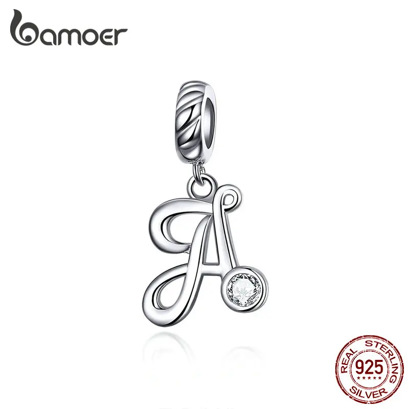 BAMOER 26 Letters alphabet Pendant 925 Sterling Silver Handwritten Language Pendants Charm for Bracelets and Necklace SCC1183 gold ring 925 Silver Jewelry