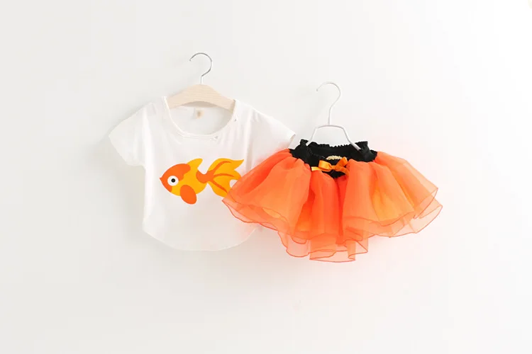 Платья для девочек; комплекты одежды для девочек; летняя детская одежда; Футболка с принтом золотой рыбки+ Милая Пышная юбка в сеточку; костюм