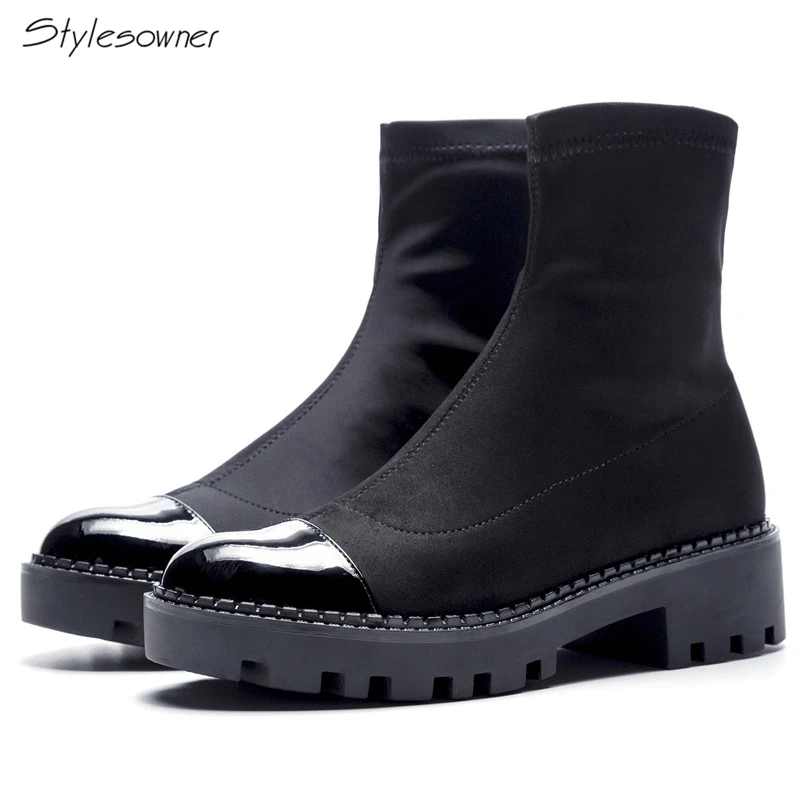 Stylesowner Elastic Stretch Women Thick Sole Sock Boots Real Leather Patchwork Women Casual Ankle Boots Breathable Short Boots