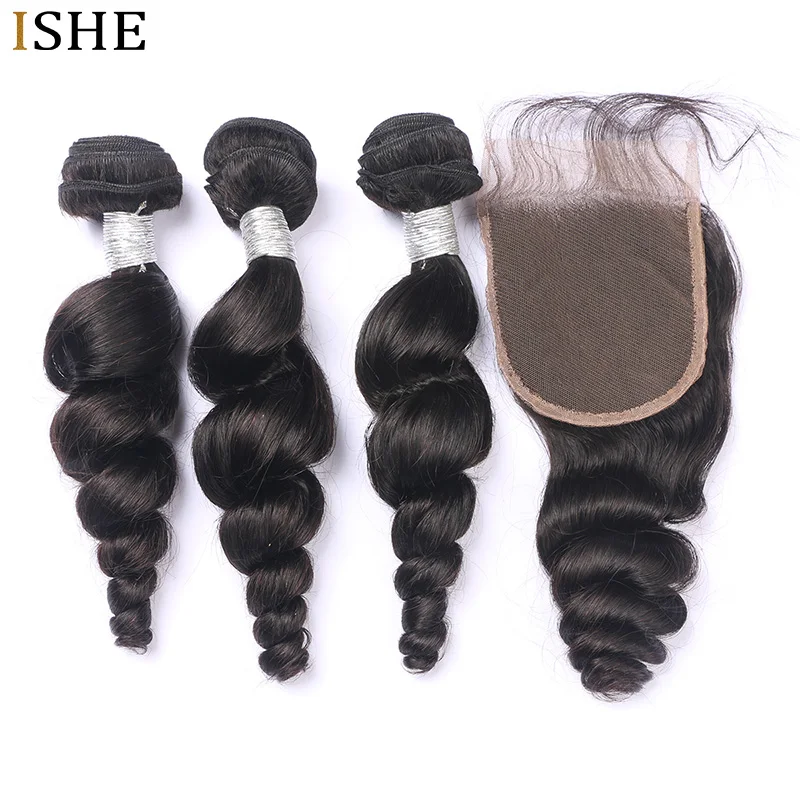 

ISHE Brazilian Hair Weave Bundles With Closure Free Part Brazilian Loose Wave 3 Bundles With Closure Remy Human Hair Extensions