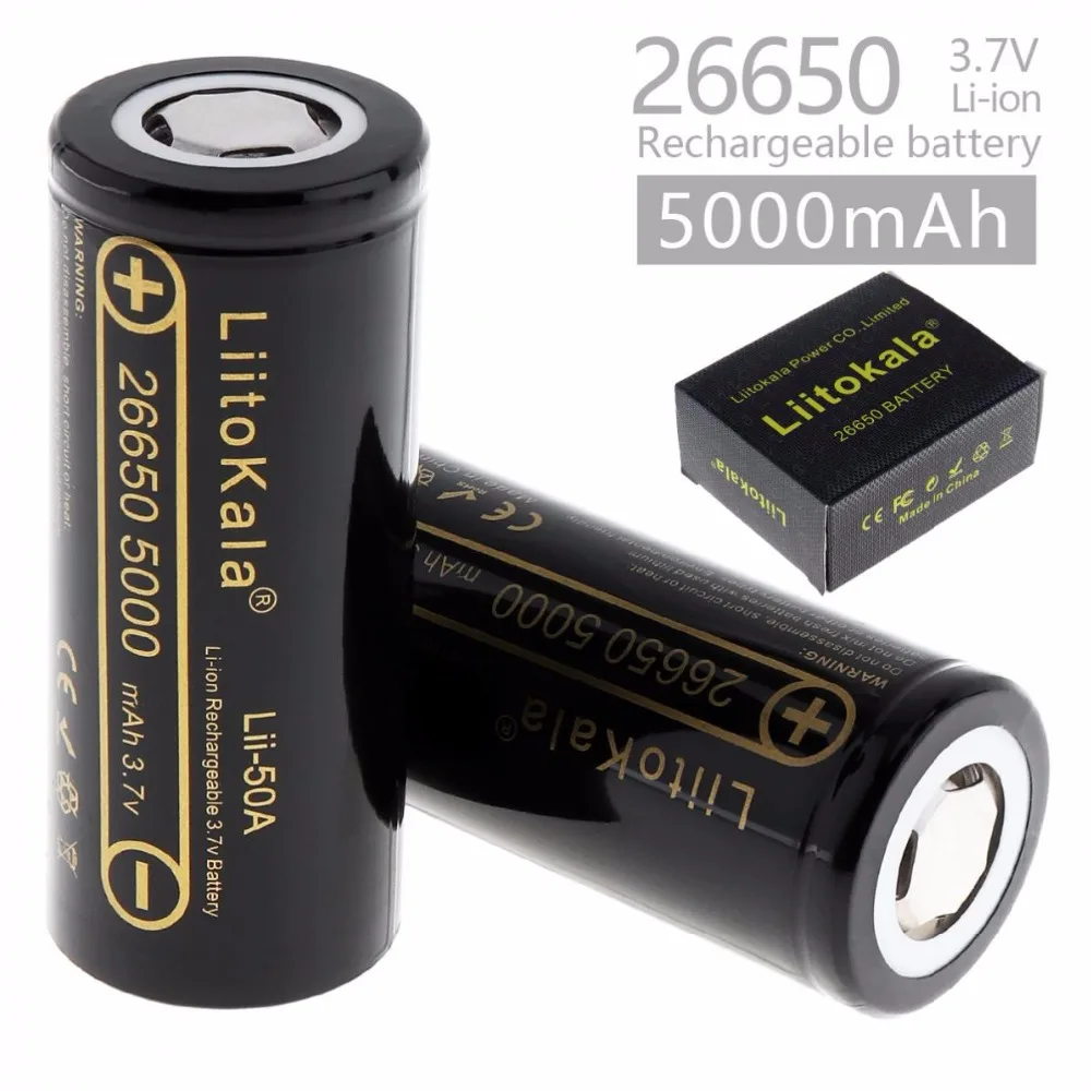

4pcs 3.7V 26650 5000mAh Rechargeable Li-ion Battery with 20A Discharge Current for LED Flashlight Headlamp Electronic Cigarette