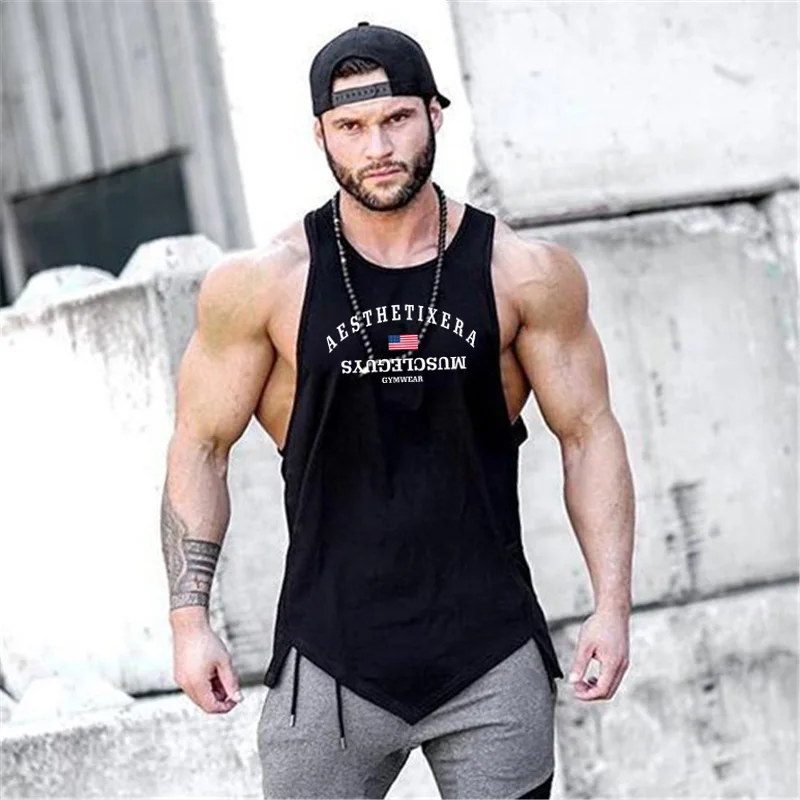 Muscleguys бренд Модные хлопчатобумажные рубашки без рукавов для занятий фитнесом на бретелях мужская майка для бодибилдинга мужские из джерсовой ткани детский комбинезон, тренировочная одежда, форма для гимнастики