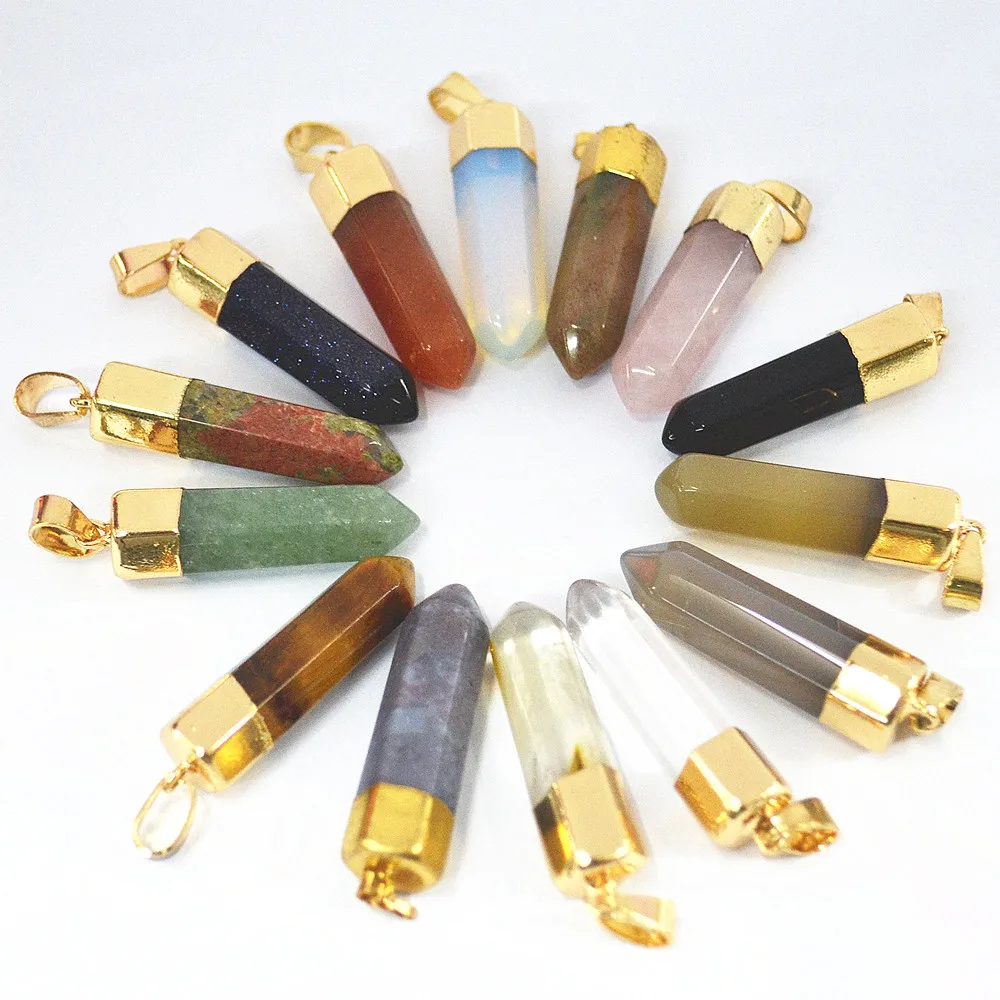 

2018 Fahsion Hot Assorted Natural Stone Pendants Gold Point Charms Hexagonal Pillar Pendant Wholesale 24Pcs/Lot Free shipping