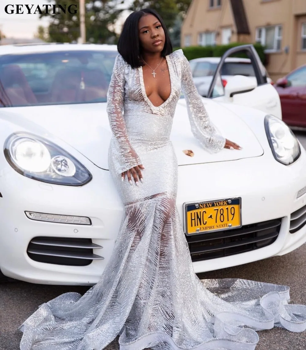 

Sparkly Sequins Silver White Mermaid Prom Dresses 2019 Long Sleeves Court Train Sexy Deep V-Neck Illusion African Formal Gowns