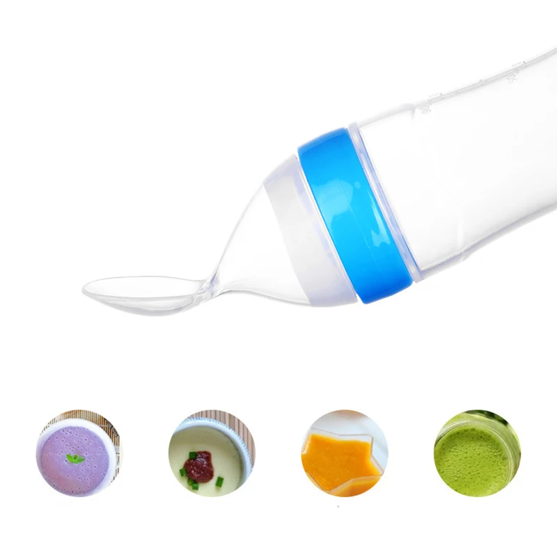 90ml Silicone Baby Feeding Bottle With Spoon Newborn Infant Squeeze Spoon Toddler Food Supplement Rice Cereal Bottle Milk Feeder