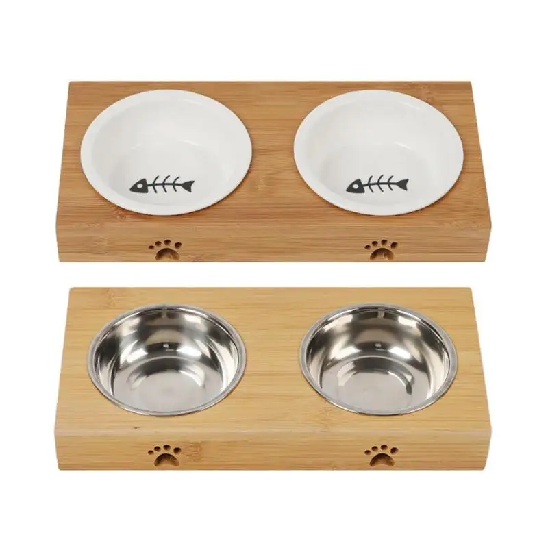 

Wood Bamboo Frame Stainless Steel Ceramic Cat And Dog Double Bowl Bamboo Cat And Dog Pet Feeder difficult to knock over