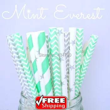 

200pcs Mixed 4 Designs Mint Everest Themed Paper Straws - Mint and Silver,Stripe Chevron Star Drinking Straws,Wedding Party Bulk