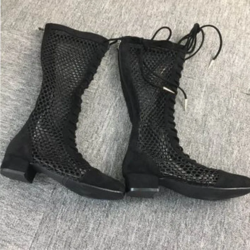 Новые модные женские босоножки; сапоги в сеточку; обувь до колена из сетчатого материала; пикантная обувь черного цвета; размер 40; aa0507