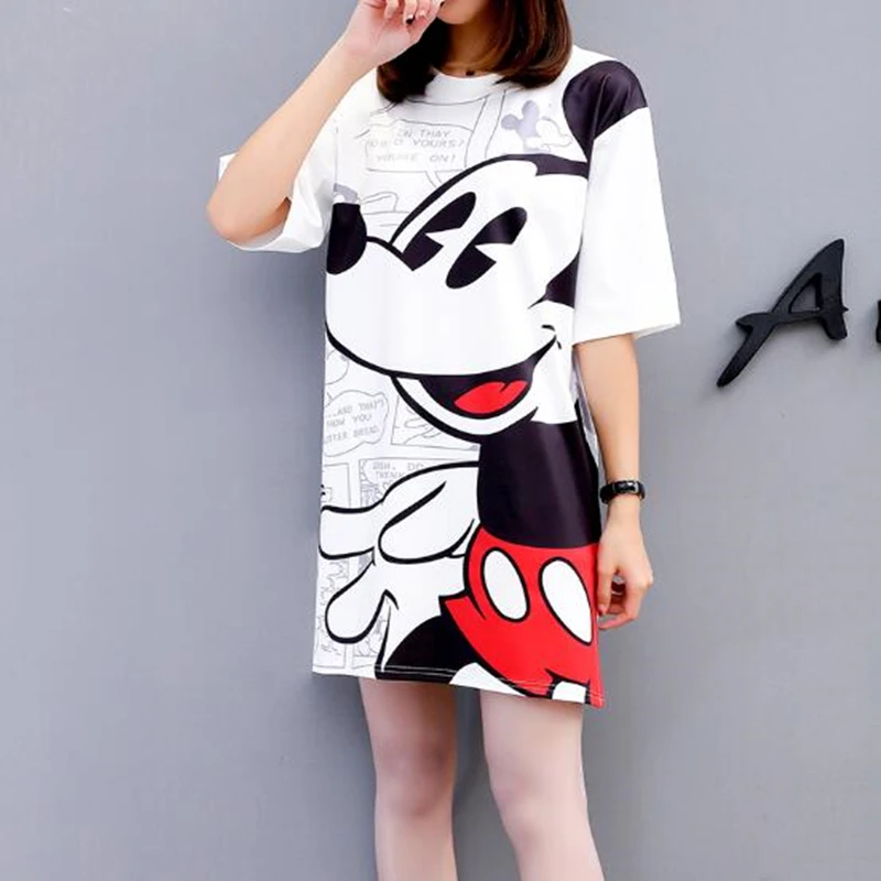 

Summer Runway Cartoon Print Dress Women 2018 Half Sleeve Mickey Print Loose Dress Loose Vestidos Femme Outwear Muslim Dress