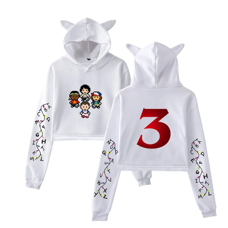 

2019 Fashion Autumn winter Streetwear Stranger things print Cat Crop Women Hoodies Harajuku short Casual Hoodies Dropshopping