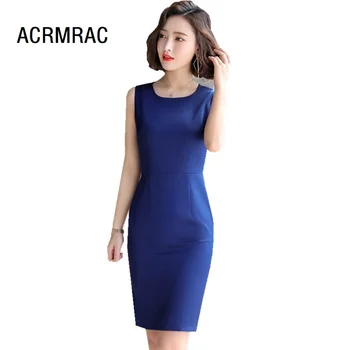 

Women dress Slim summer Solid color sleeveless O-Neck Business Formal OL dress Woman 966