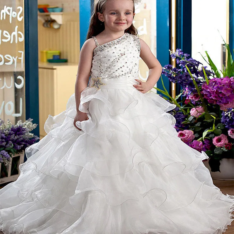 

luxurious White Chiffon Flower Girls Dress for Weddings Sleeveless Cascading Beading First Communion for Prom Dress