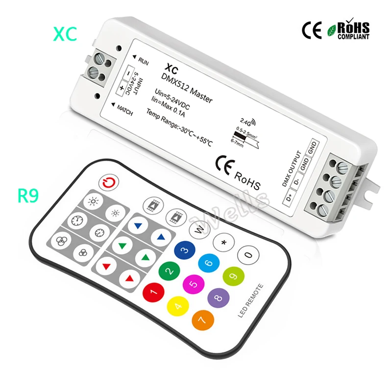

XC RGB DMX master Controller;5-24VDC input DMX512 signal output RGB DMX512 master LED Controller;R9 2.4G 27 key SPI remote