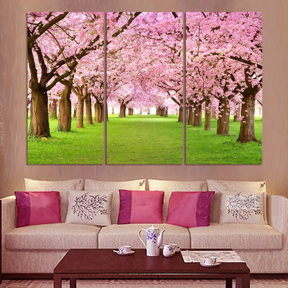 3 Panel Wall Abstract Painting Pink Flower Tree Sakura Canvas HD Print