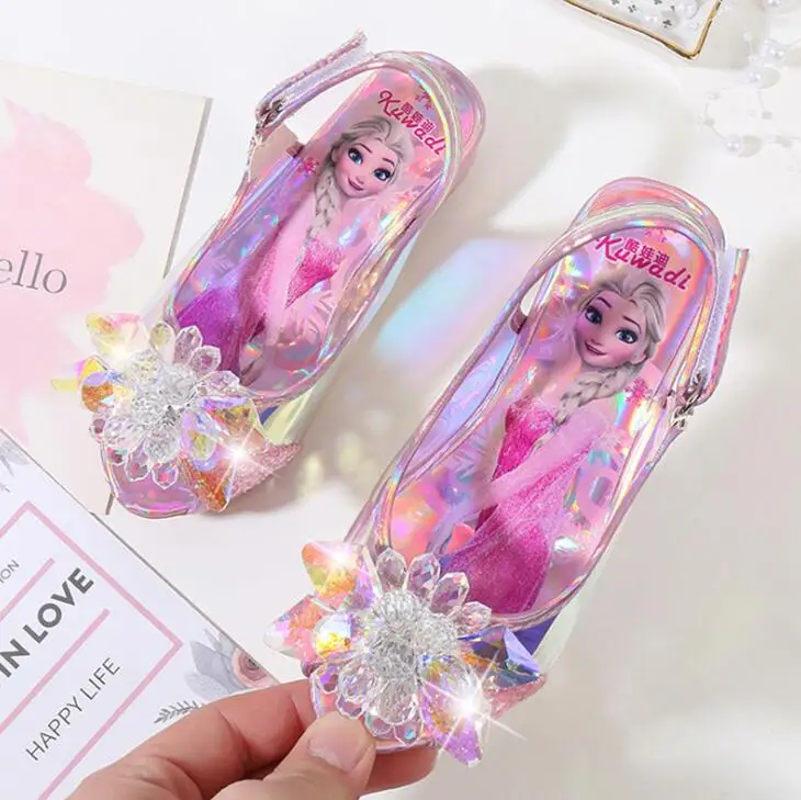 Goedkoop Mode Sneeuw Koningin Kristal Heldere Diamant Sandalen Meisje Prinses Elsa Enkele Schoenen Meisje Prestaties Hoge Hakken Sandalen