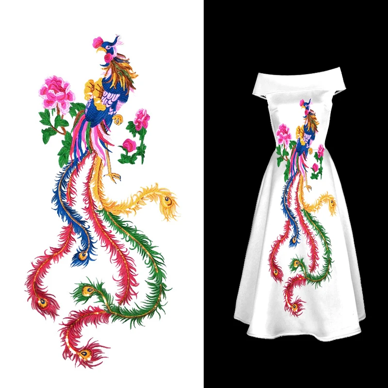 

66*32cm Big Golden/Coloful Embroidered Sequins Phoenix Patches for Wedding Dress DIY Accessories Sew On Patches A176