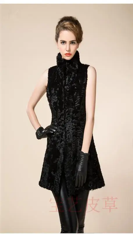 

Genuine karakul sheep fur vest black colorant lamb's fur long vest design 2016