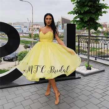 

Yellow Short Arabic Prom Gowns 2019 Sweetheart Knee Length Organza Lace Sexy Evening Party Dresses Robe De Soiree Custom Made