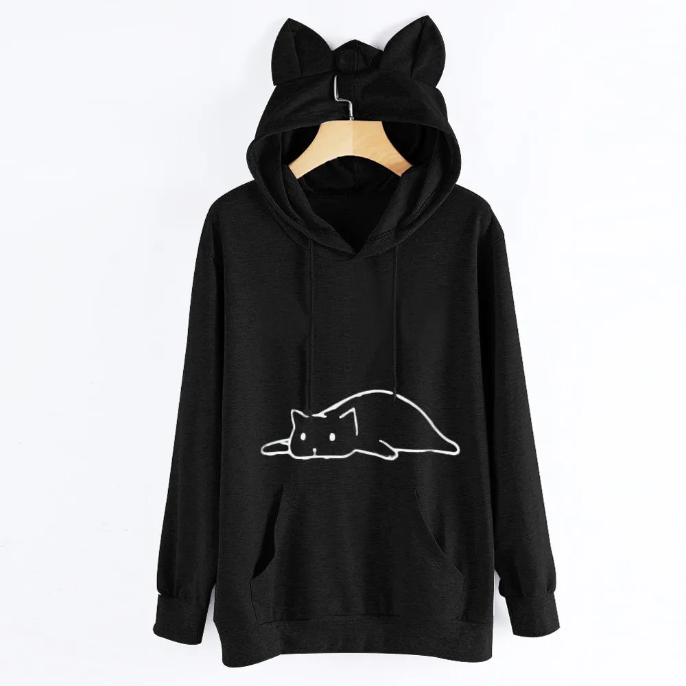 Womens Hoodies Cotton Cat Ear Solid Long Sleeve Hoodie Sweatshirt Hooded Loose Pullover
