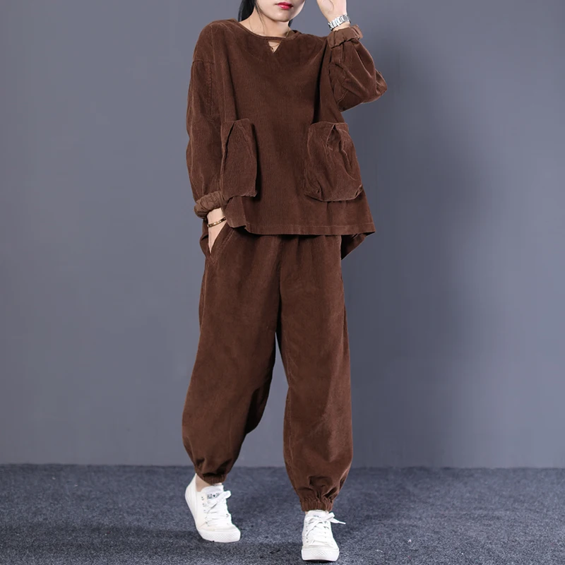

Women Autumn Winter Pants Corduroy 2018Elastic Waist Loose Elastic Waist Solid Color Pockets Trouser For Women
