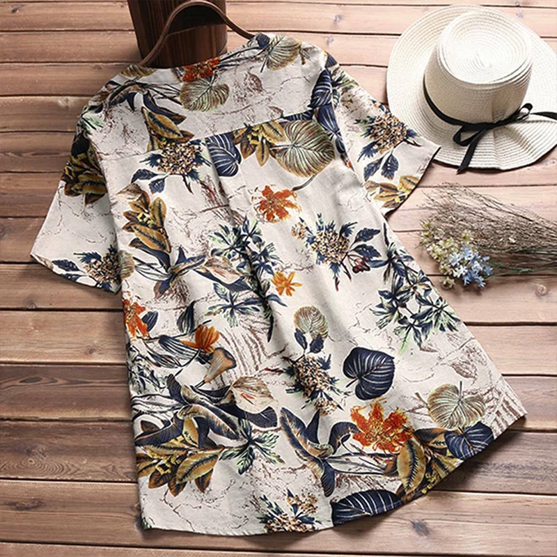 Women Linen Blouse Shirt 2019 Summer Short Sleeve Button Tops Women's V-Neck Floral Printed Casual Loose Shirts Femme Blusas