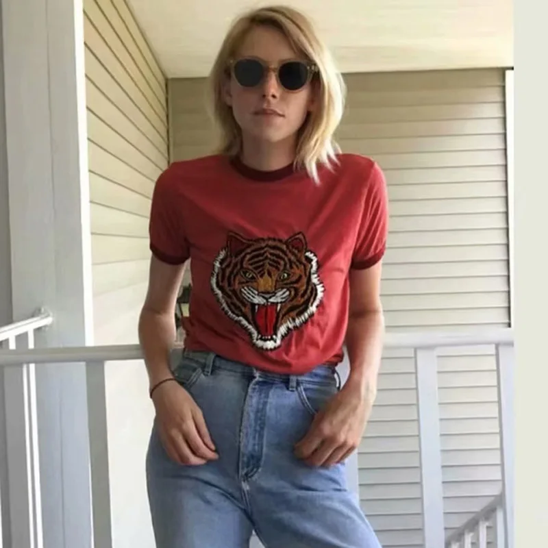 

Vintage Tiger Print Graphic Tee T-Shirt Short Sleeve O-Neck Summer Street Chic Casual Tops Women 2019 Red Women Clothing T-shirt