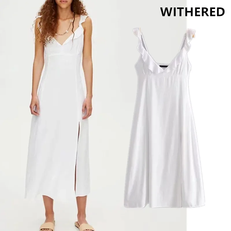 

Withered dress women england style cotton and linen ruffles spaghetti vestidos vestidos de fiesta de noche maxi dress plus size