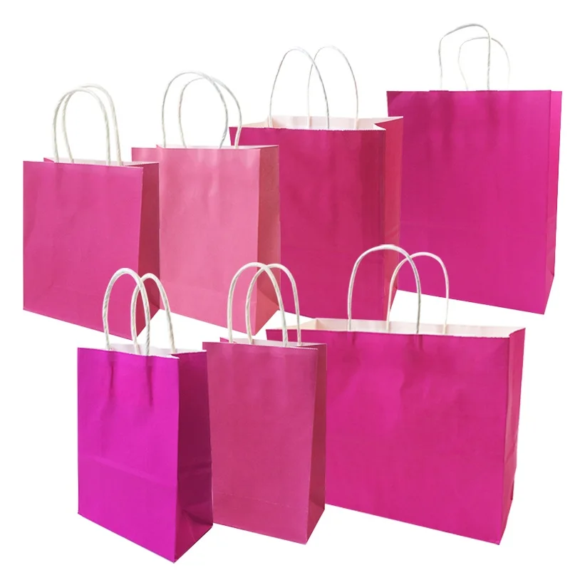 10 Pcs/lot Passionate Hot/Rose Pink kraft paper Bags With Handles 7