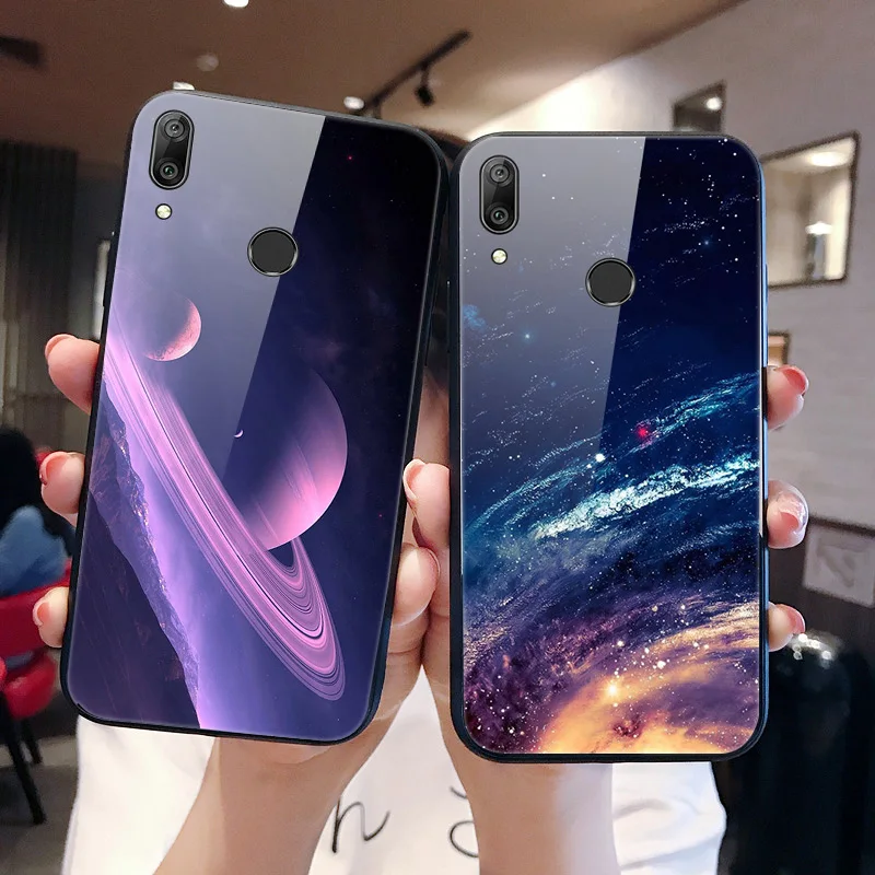 Y7 чехол для huawei Y7, чехол из закаленного стекла с изображением планеты, Космический Чехол, стеклянный чехол на заднюю панель для huawei Y7 Prime Y 7, чехол