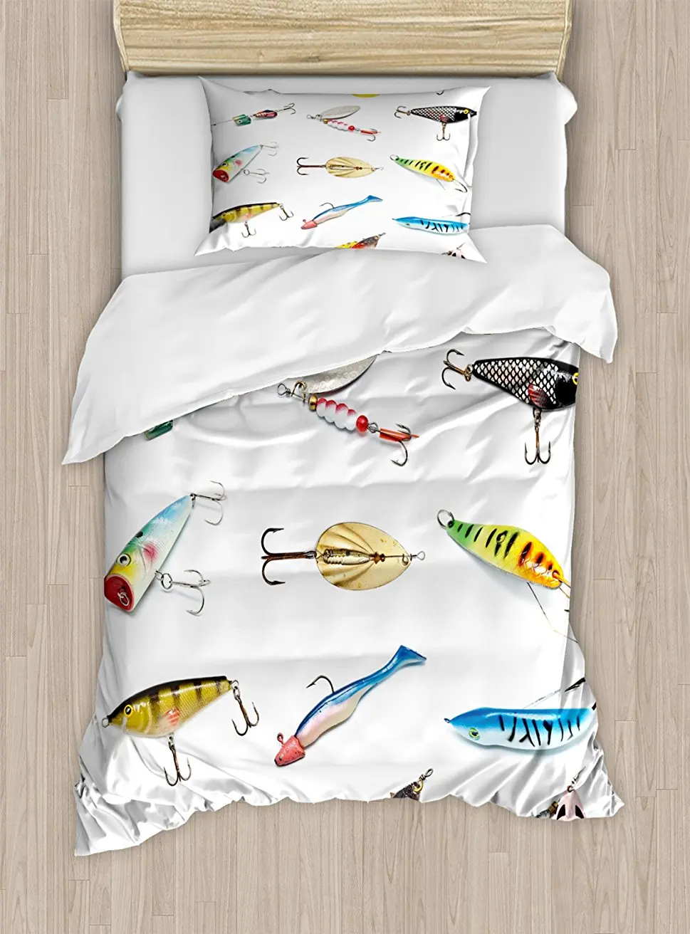 

Duvet Cover Set, Fish Hook Equipment Objects Trolling Angling Netting Gathering Activity, Decorative 4 Piece Bedding Set