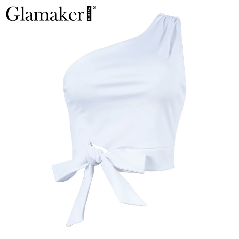 Белый Glamaker, на одно плечо, выдалбливают, вязаные топы, женские, летние, на шнуровке, майка, рубашка, женские, белые, винтажные, сексуальные, пляжные Топы И Футболки - Цвет: Белый