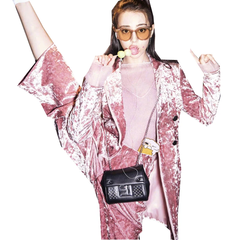 

2019 Women Autumn Winter Fashion Double Breasted Velvet Blazer Jacket +Pink Long Pant Suit Work Business Velvet Set Outfit Y250