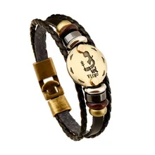 Fashion Bronze Buckles 12 Constellation Virgo Bracelet Punk Leather Bracelets Wooden Bead Jewelry For Men Women Charm B10