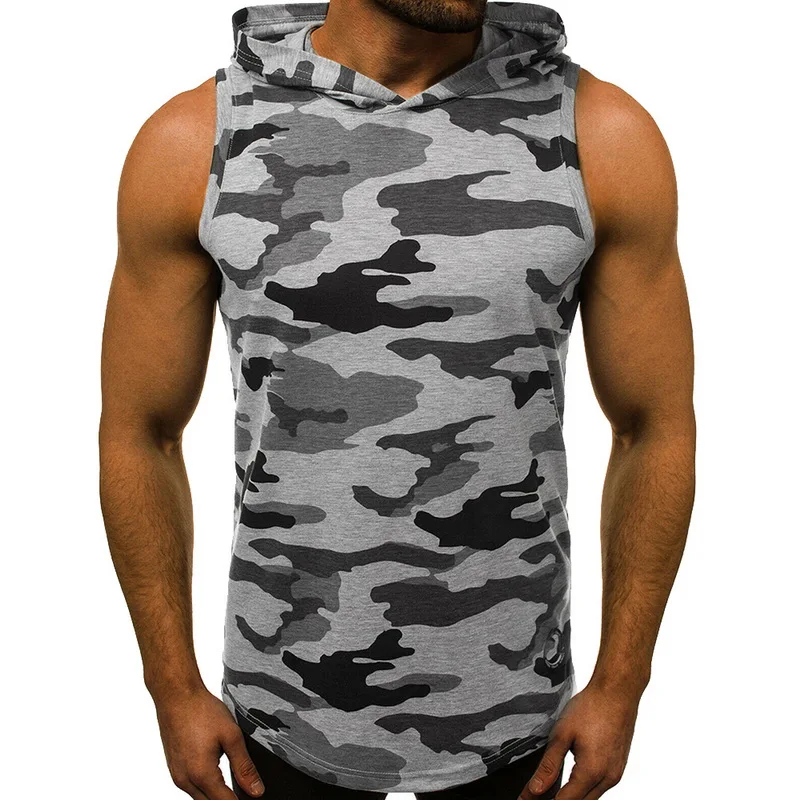 Camo-Gray HEFLASHOR, мужские толстовки для фитнеса, безрукавки, без рукавов, бодибилдинг, футболка, модный Стрингер, мужские тренировочные жилеты с капюшоном, спортивная одежда - Цвет: Camo-Gray