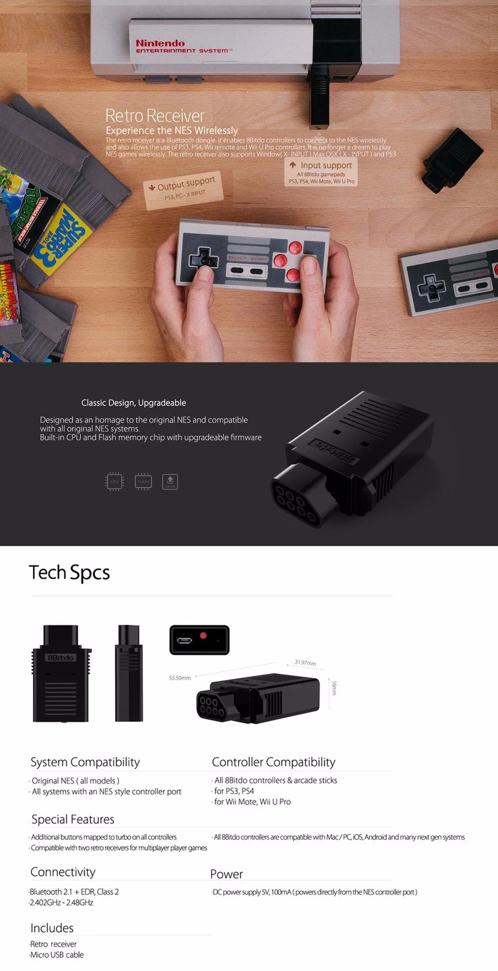 8bitdo bluetooth беспроводной приемник для старых консолей для игровая консоль NES контроллер совместим с PS3/PS4/wii Mote/wii U Pro игровые контроллеры