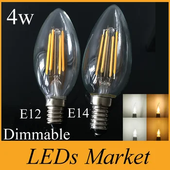

Dimmable 4w Edison Led Bulb Candle Lamp Light E12 E14 110v 220v Led filament lamp chandelier Warm /Cold White CRI 85 360 Degree