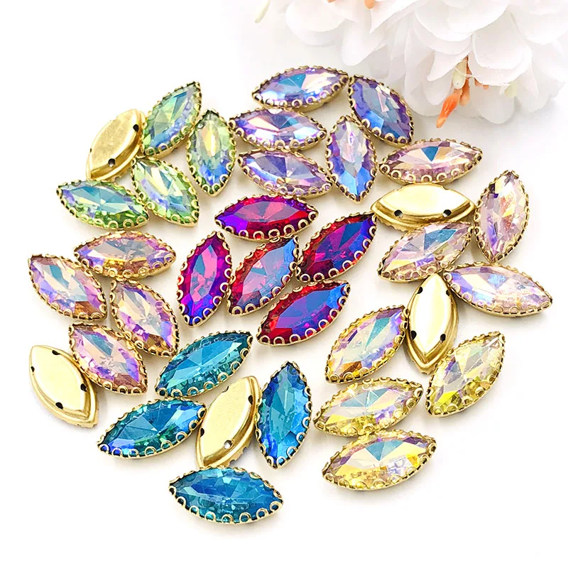 

New arrival 7X15mm Leaf shape sew on rhinestones gold base lacy claw glass crystal horse eye rhinestone Diy clothing accessories